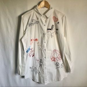 Oversized white button up embroidered shirt